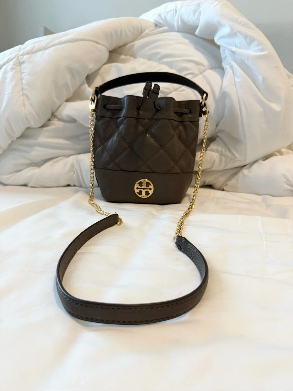 Tory Burch Quilted Mini Bucket Bag - Brown with Gold Hardware